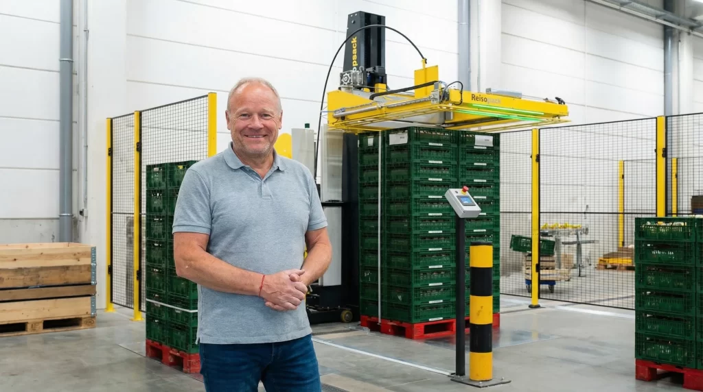 Volautomatische horizontale omsnoeringsmachine van Reisopack voor het omsnoeren van pallets in een industriële verpakkingslijn.